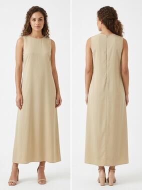 Points Beige Sleeveless Semi Maxi Dress Solid Crew Neck Women Size S